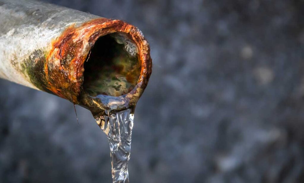 Rusty pipe with water running out.