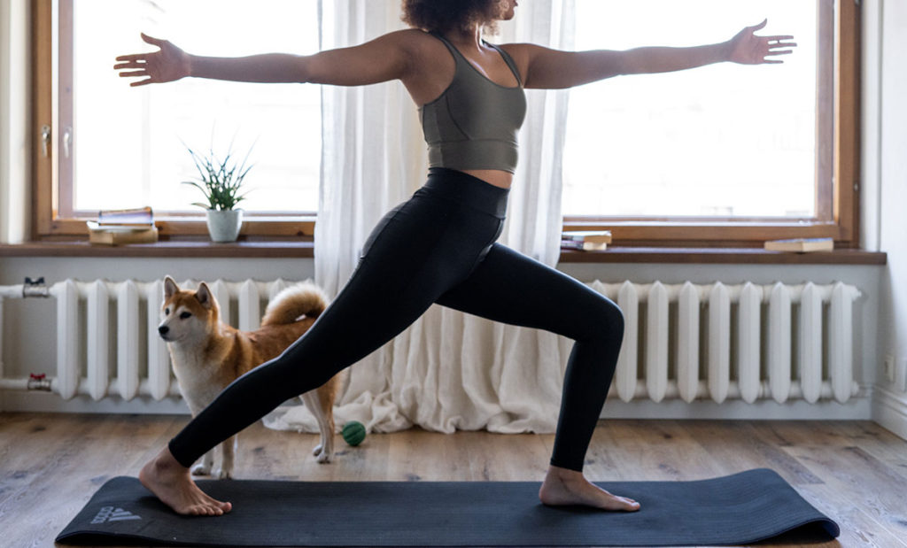 Woman exercising on mat with dog in background.