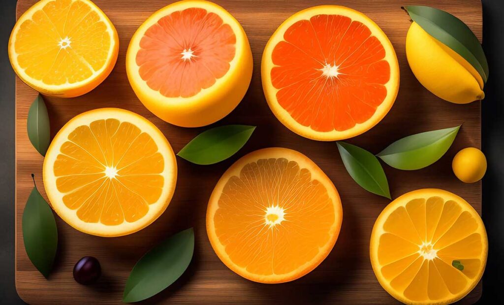 Cutting board with different citrus fruits.